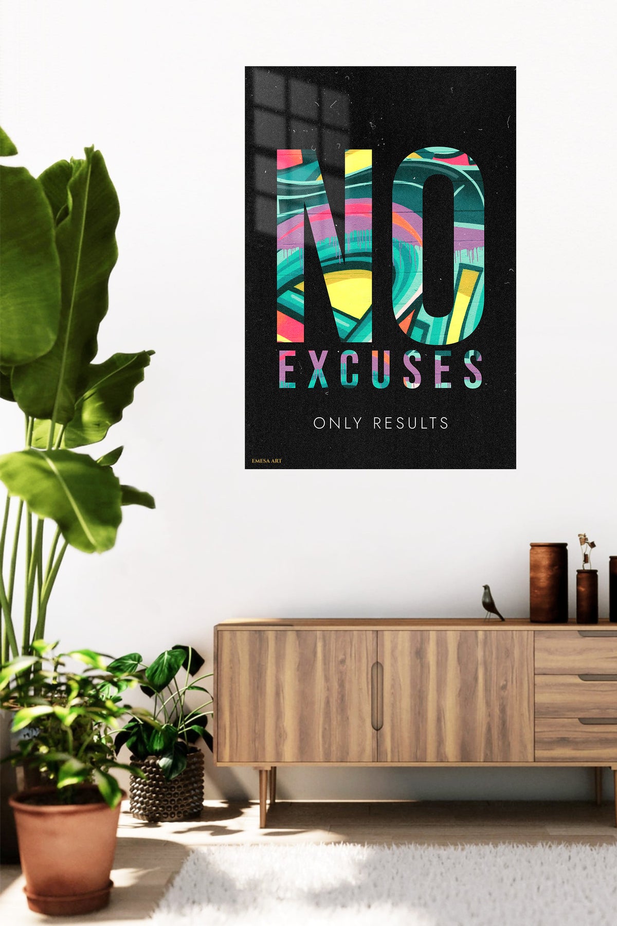 No Excuses Only Results metal wall art displayed in a contemporary living space