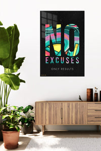 No Excuses Only Results metal wall art displayed in a contemporary living space