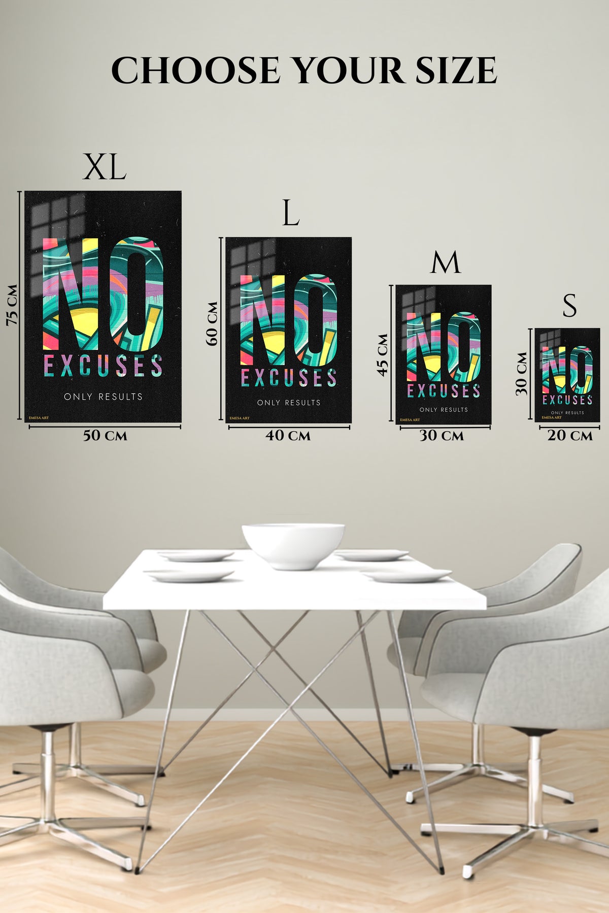 EMESA metal wall art size comparison guide for No Excuses Only Results