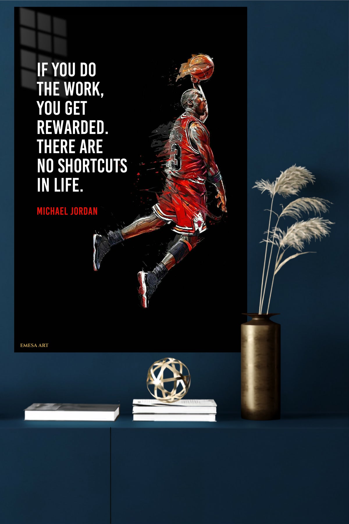 No Shortcuts Basketball Motivation metal wall art displayed in a modern interior