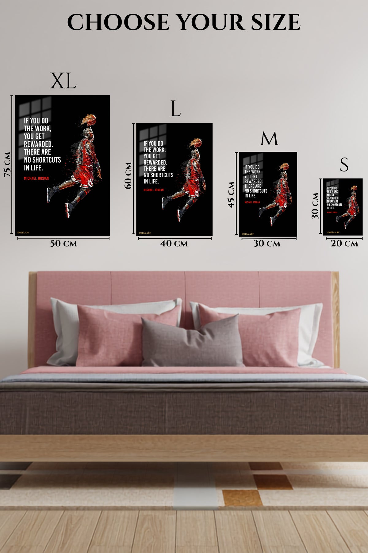 EMESA metal wall art size comparison guide for No Shortcuts Basketball Motivation