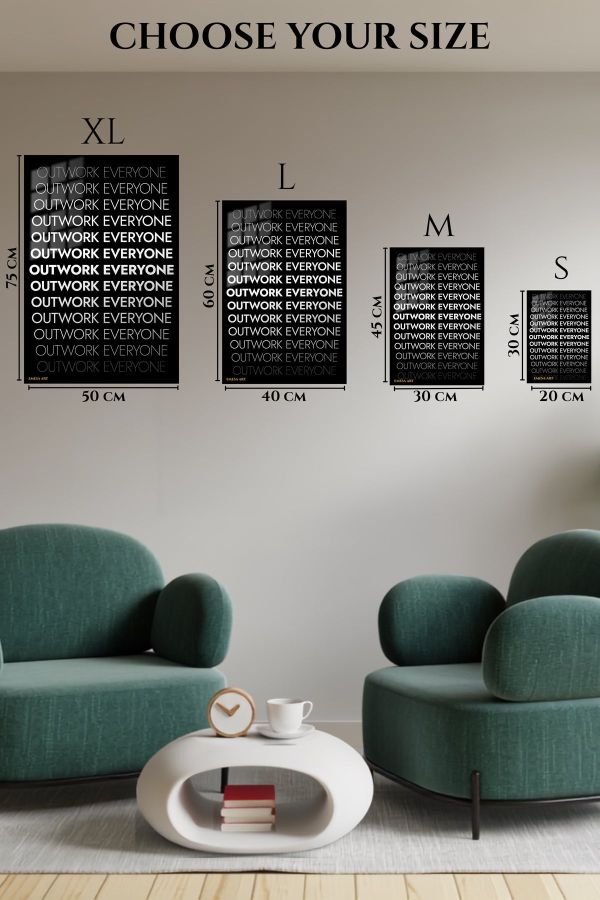 EMESA metal wall art size comparison guide for Outwork Everyone Typography