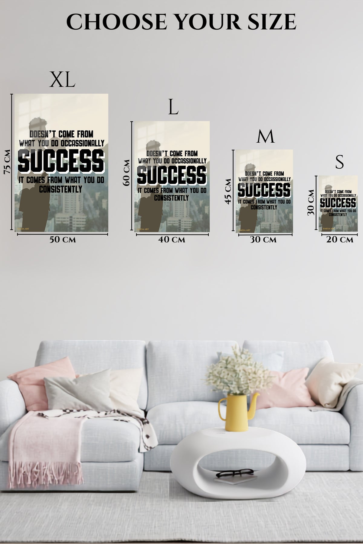 EMESA metal wall art size comparison guide for Success Comes From Consistency