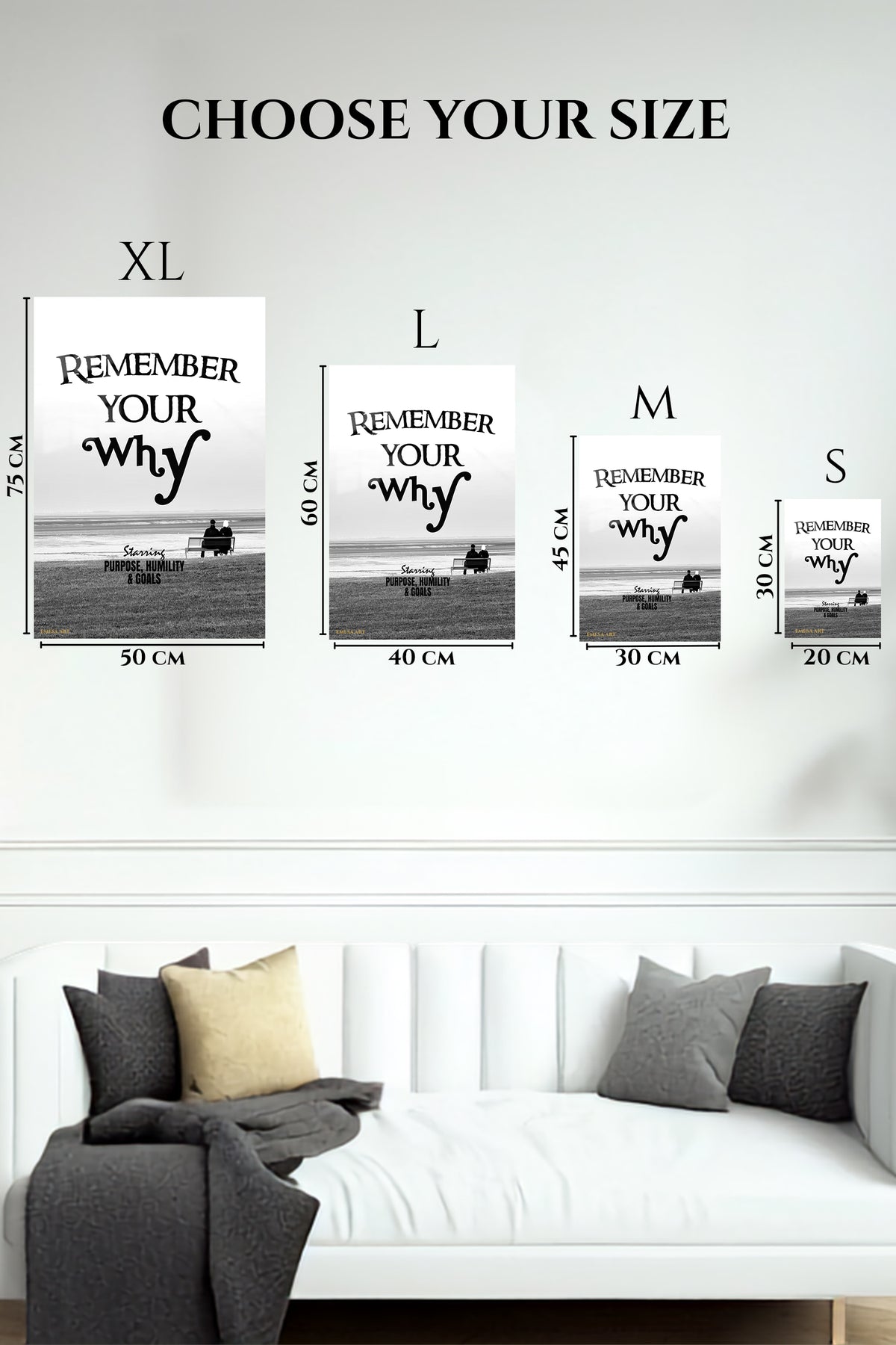 EMESA metal wall art size comparison guide for Remember Your Why