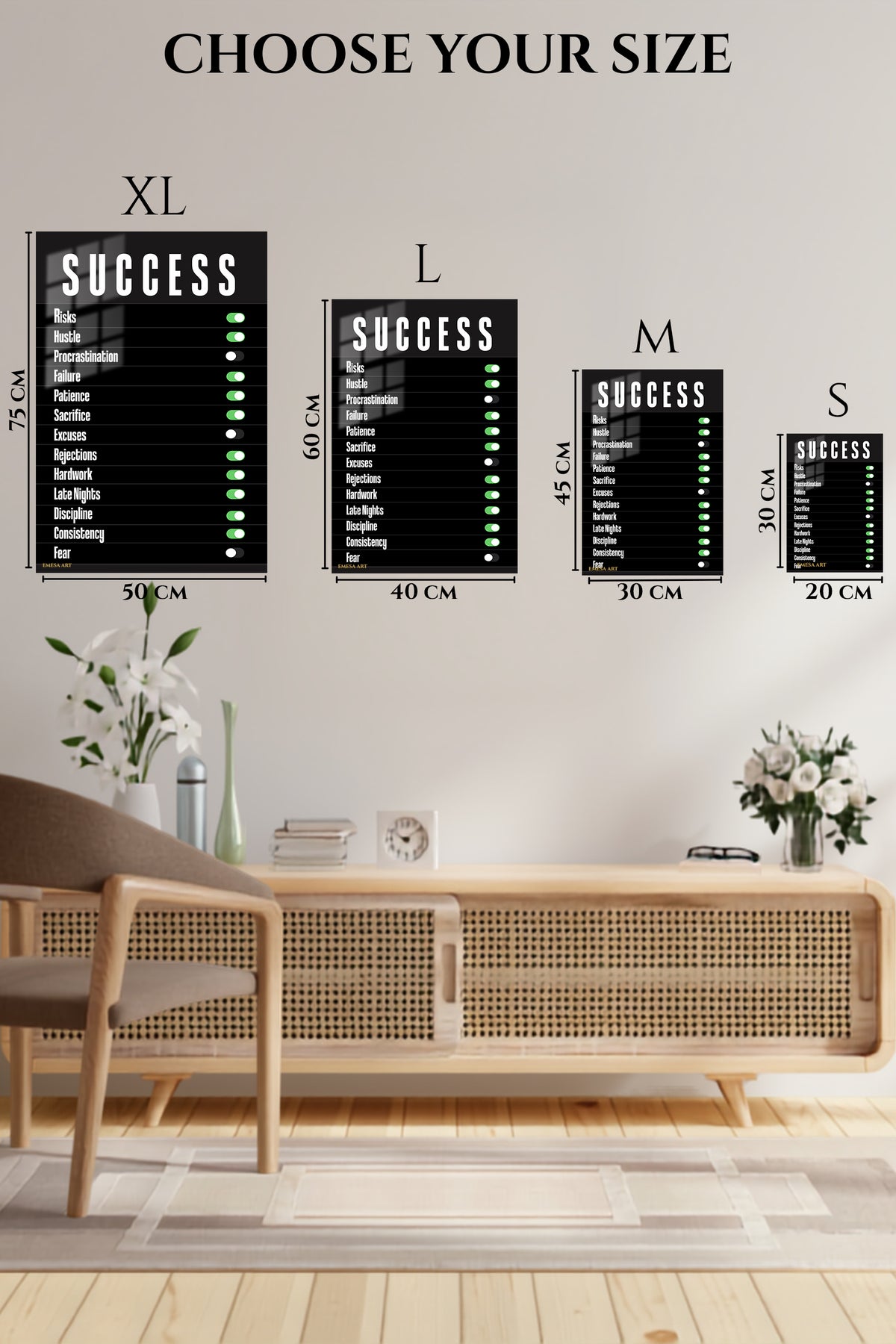 EMESA metal wall art size comparison guide for Success Mindset Switches