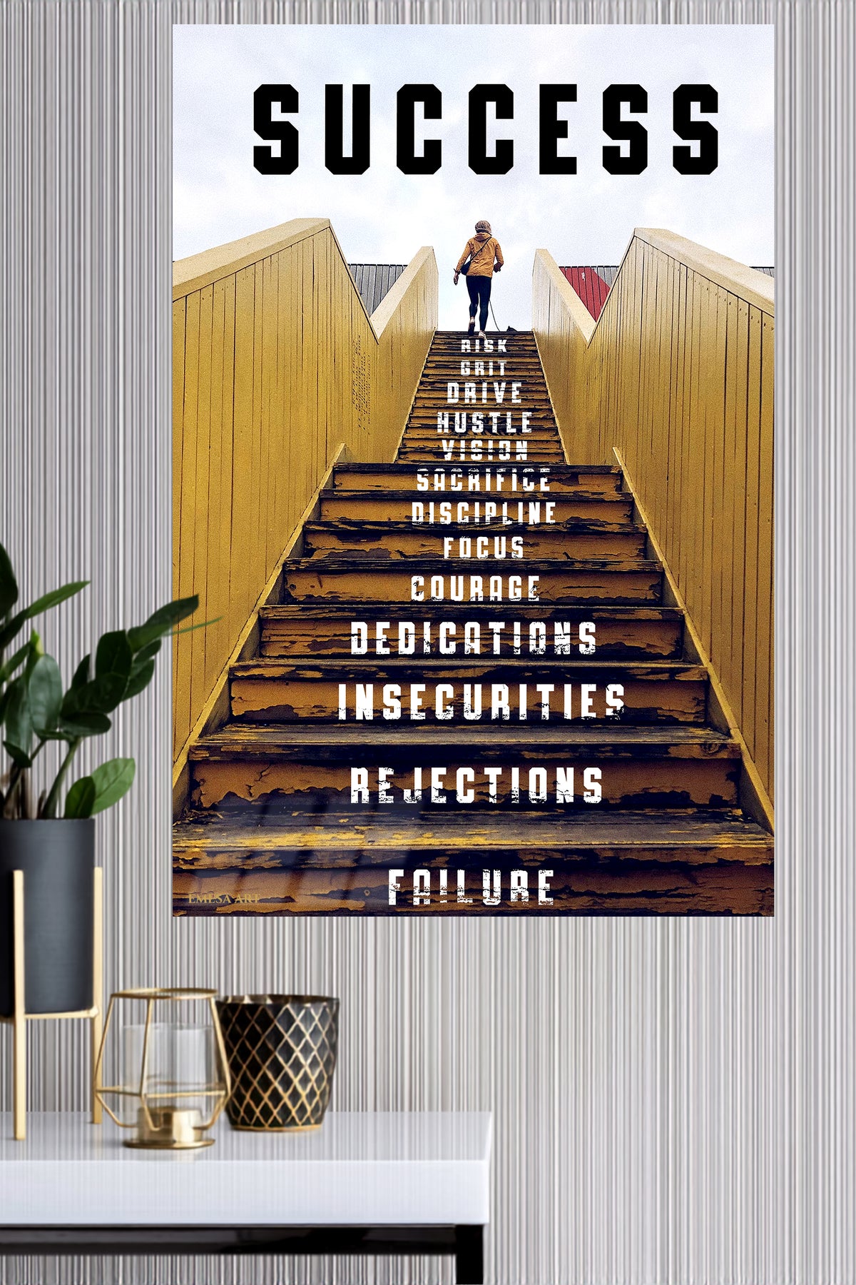 Success Stairway Motivation metal wall art displayed in a modern interior