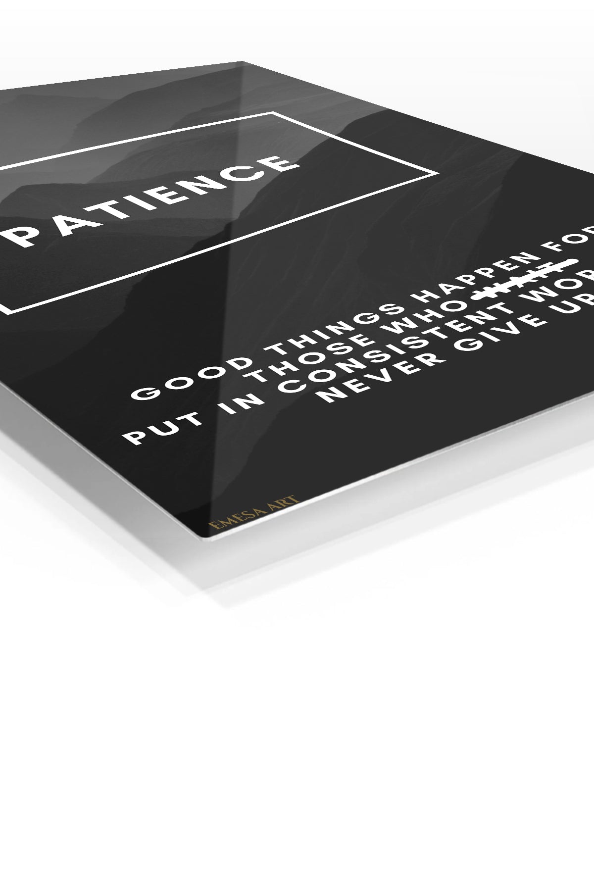 Patience Mountain Motivation premium metal wall art – angled view