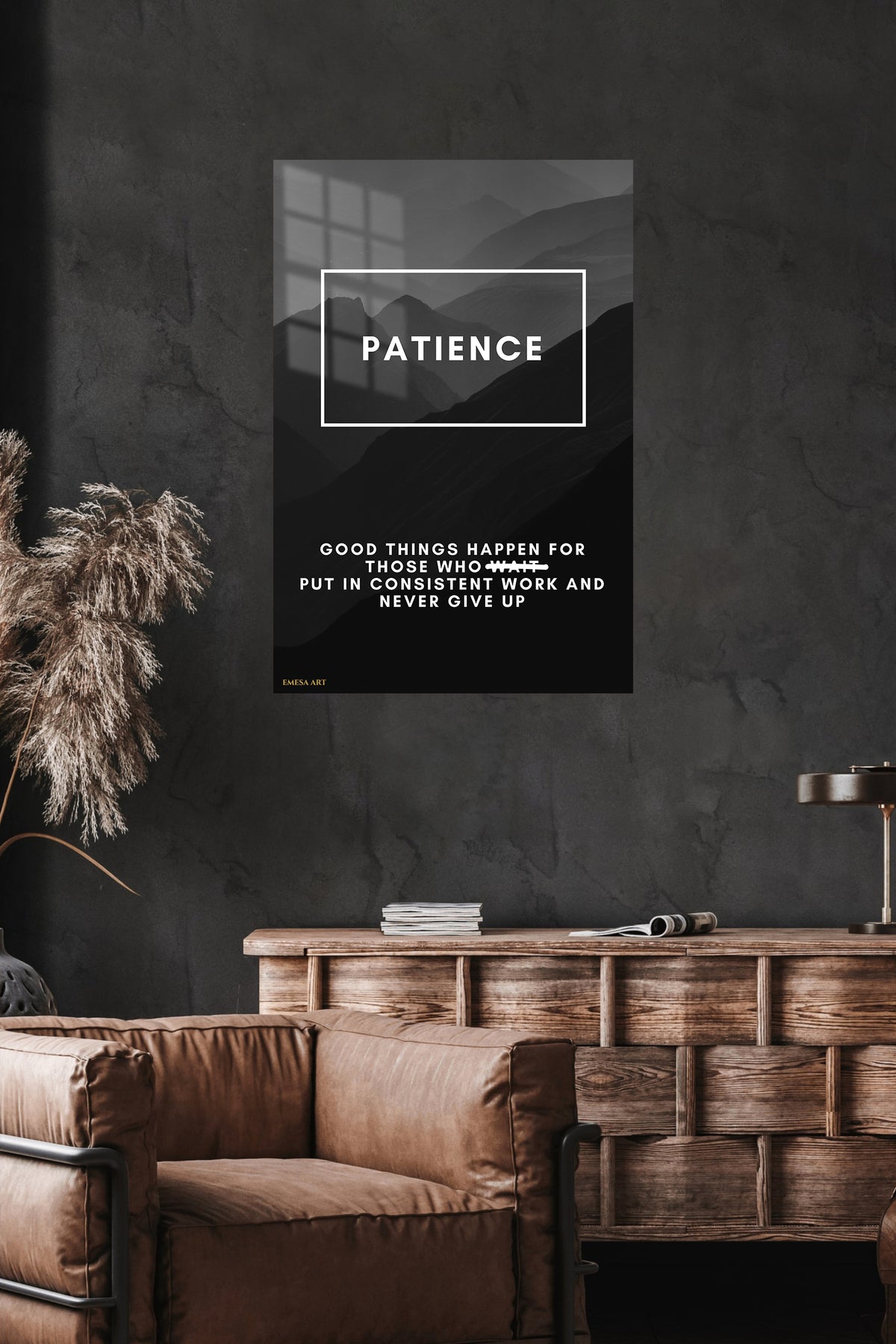 Patience Mountain Motivation metal wall art displayed in a modern interior