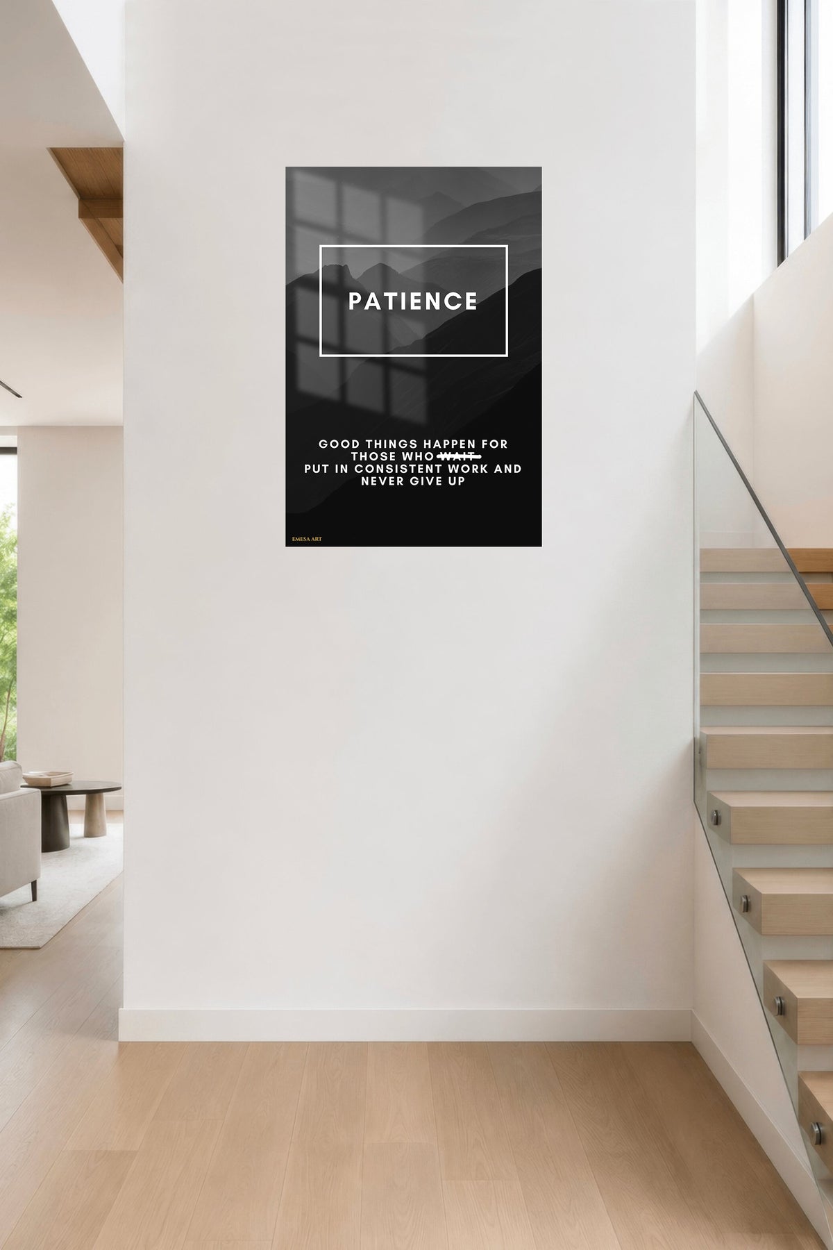 Patience Mountain Motivation metal wall art displayed in a contemporary living space
