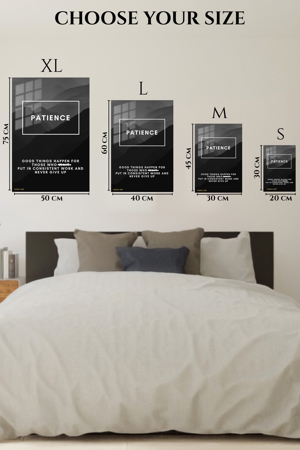 EMESA metal wall art size comparison guide for Patience Mountain Motivation