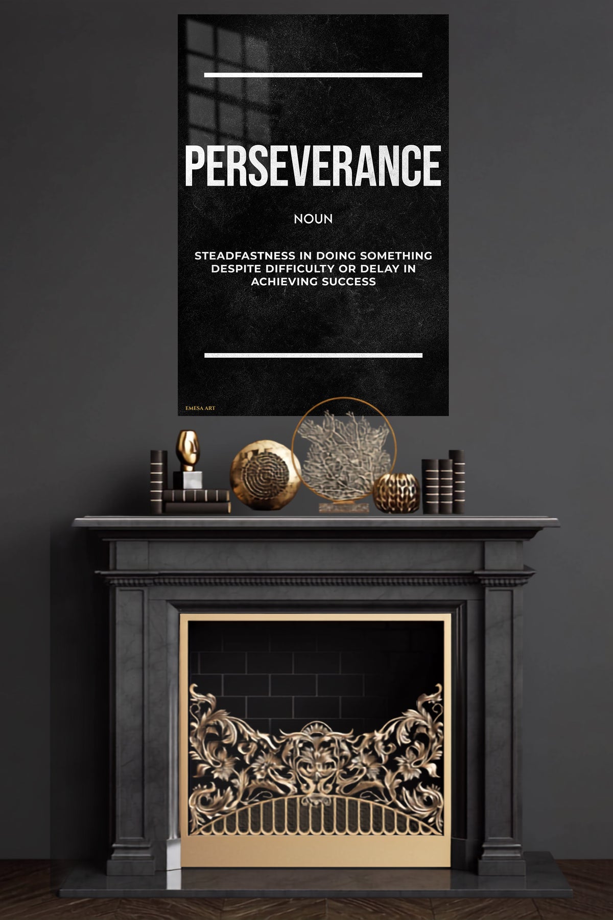 Perseverance Definition metal wall art displayed in a modern interior