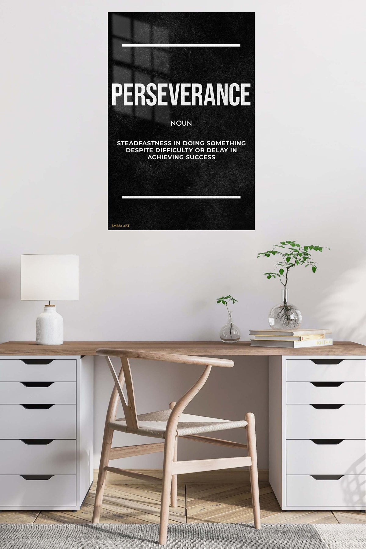 Perseverance Definition metal wall art displayed in a contemporary living space