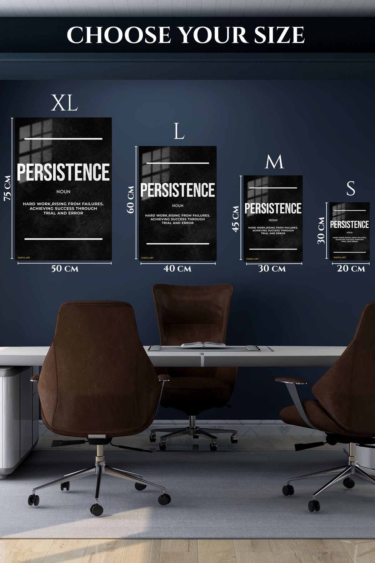 EMESA metal wall art size comparison guide for Persistence Through Trial and Error