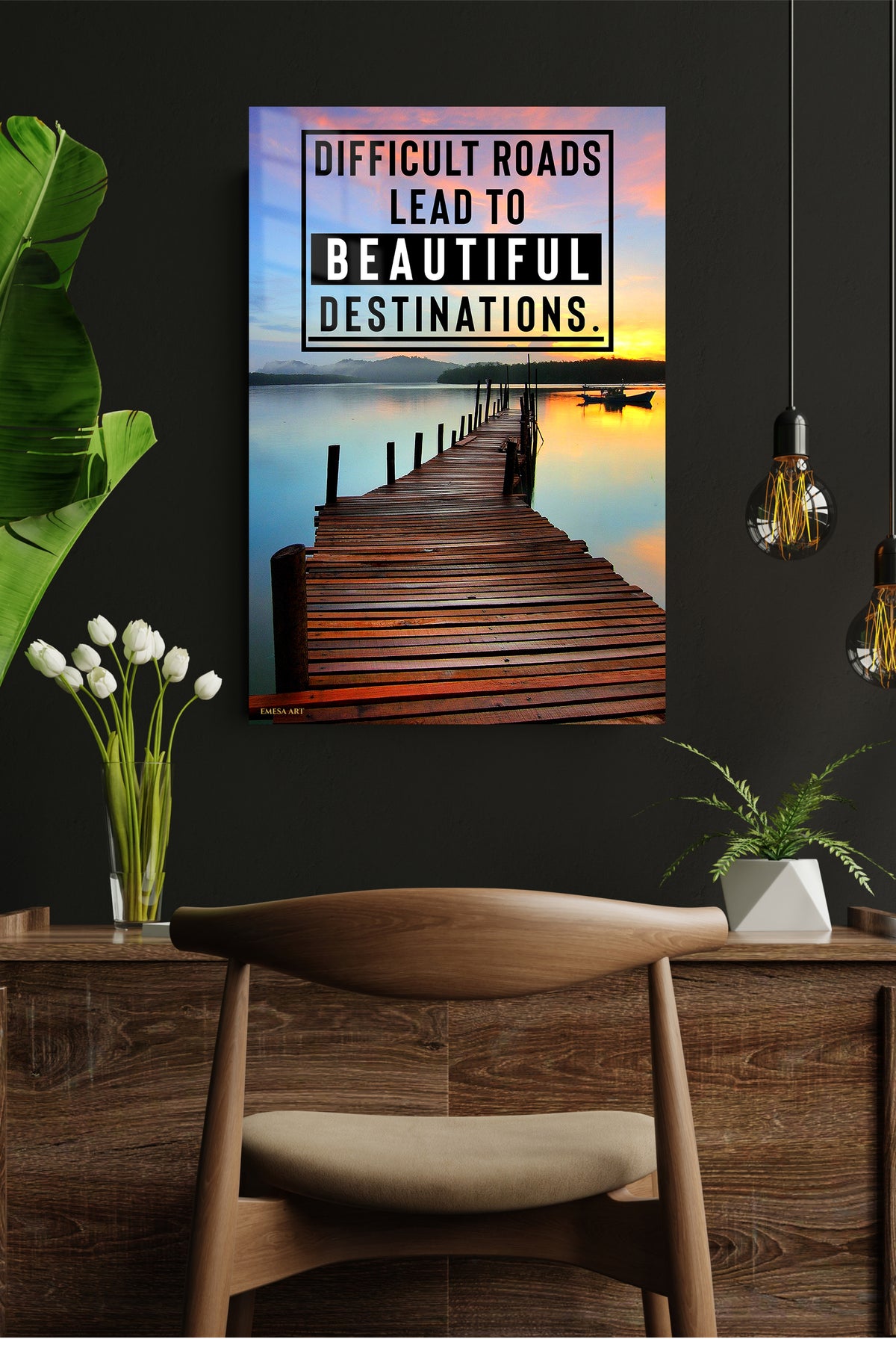 Beautiful Destinations Sunrise Pier metal wall art displayed in a modern interior