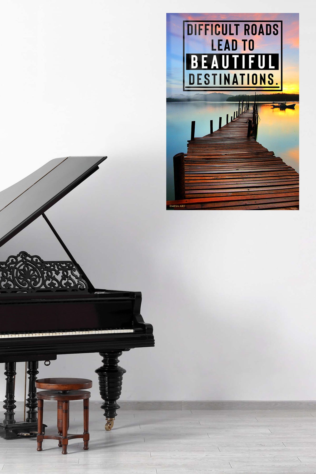 Beautiful Destinations Sunrise Pier metal wall art displayed in a contemporary living space