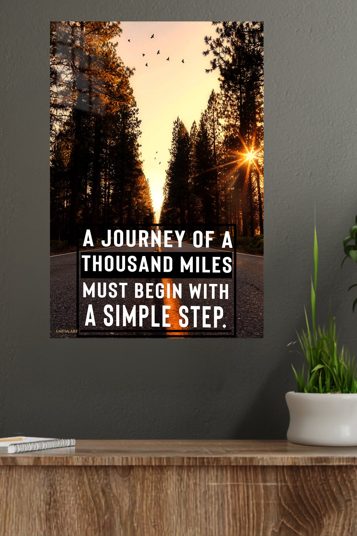 Sunlit Forest Journey Quote metal wall art displayed in a modern interior