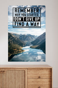 Remember Why You Started Mountain Quote metal wall art displayed in a modern interior