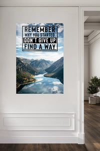 Remember Why You Started Mountain Quote metal wall art displayed in a contemporary living space