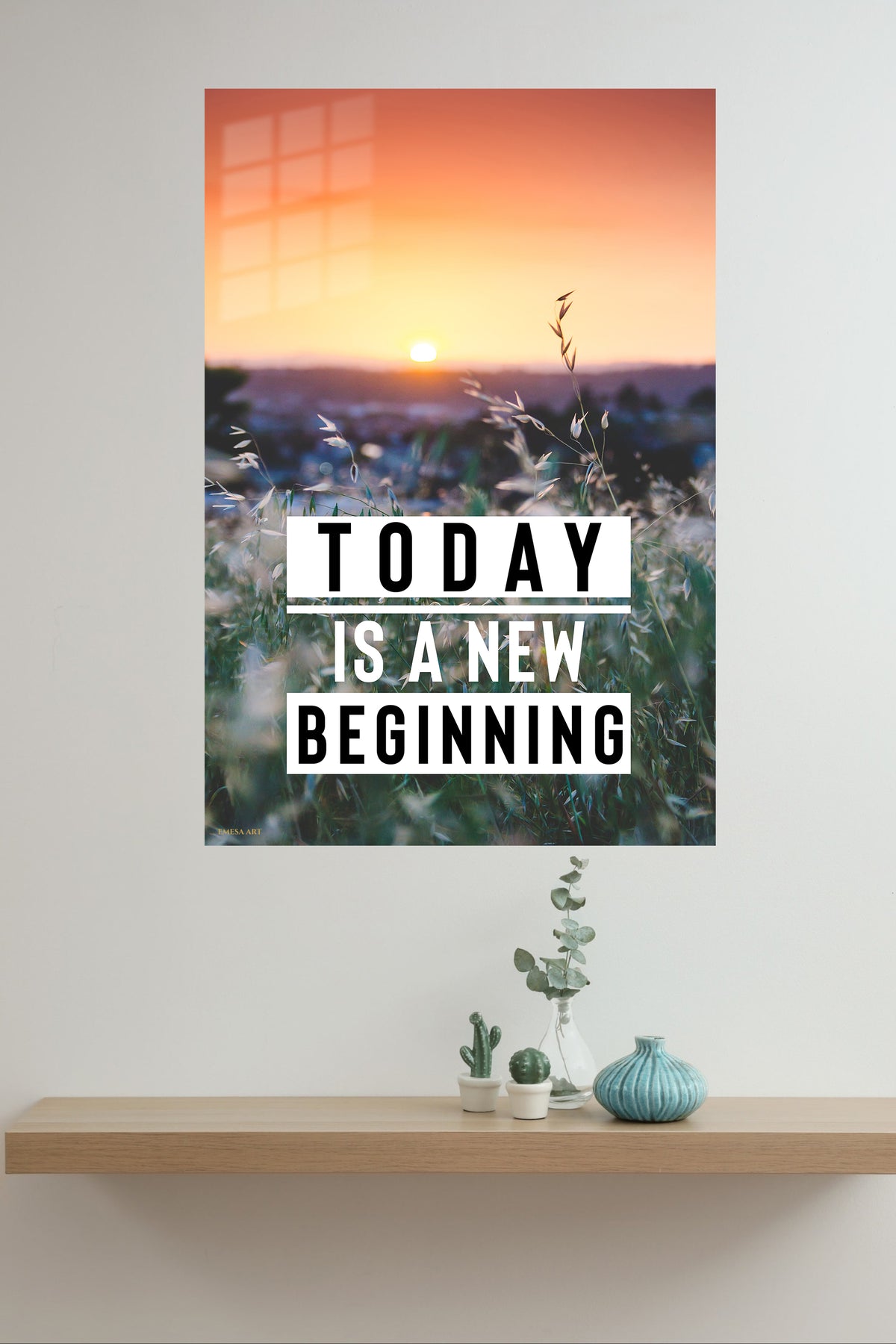 Today Is a New Beginning Sunrise metal wall art displayed in a modern interior