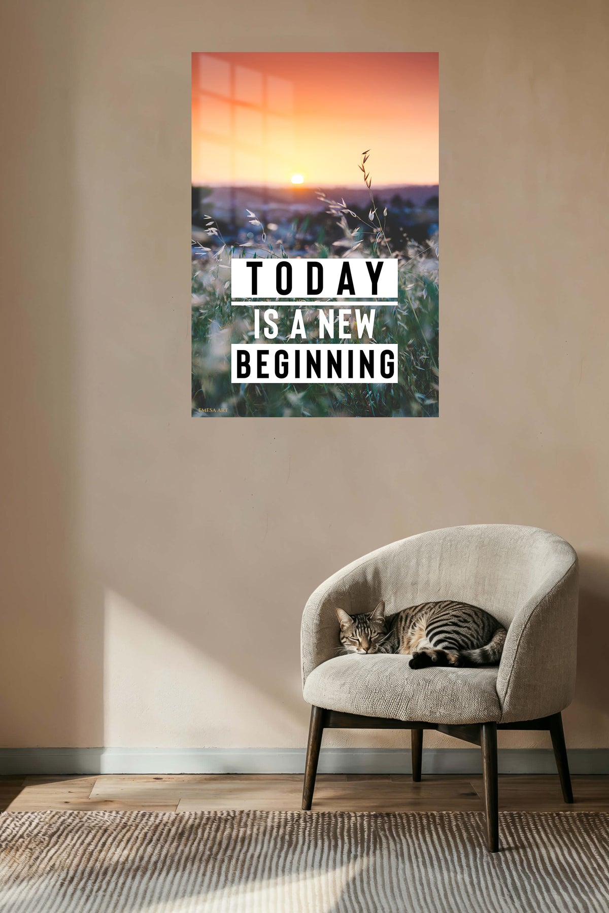 Today Is a New Beginning Sunrise metal wall art displayed in a contemporary living space