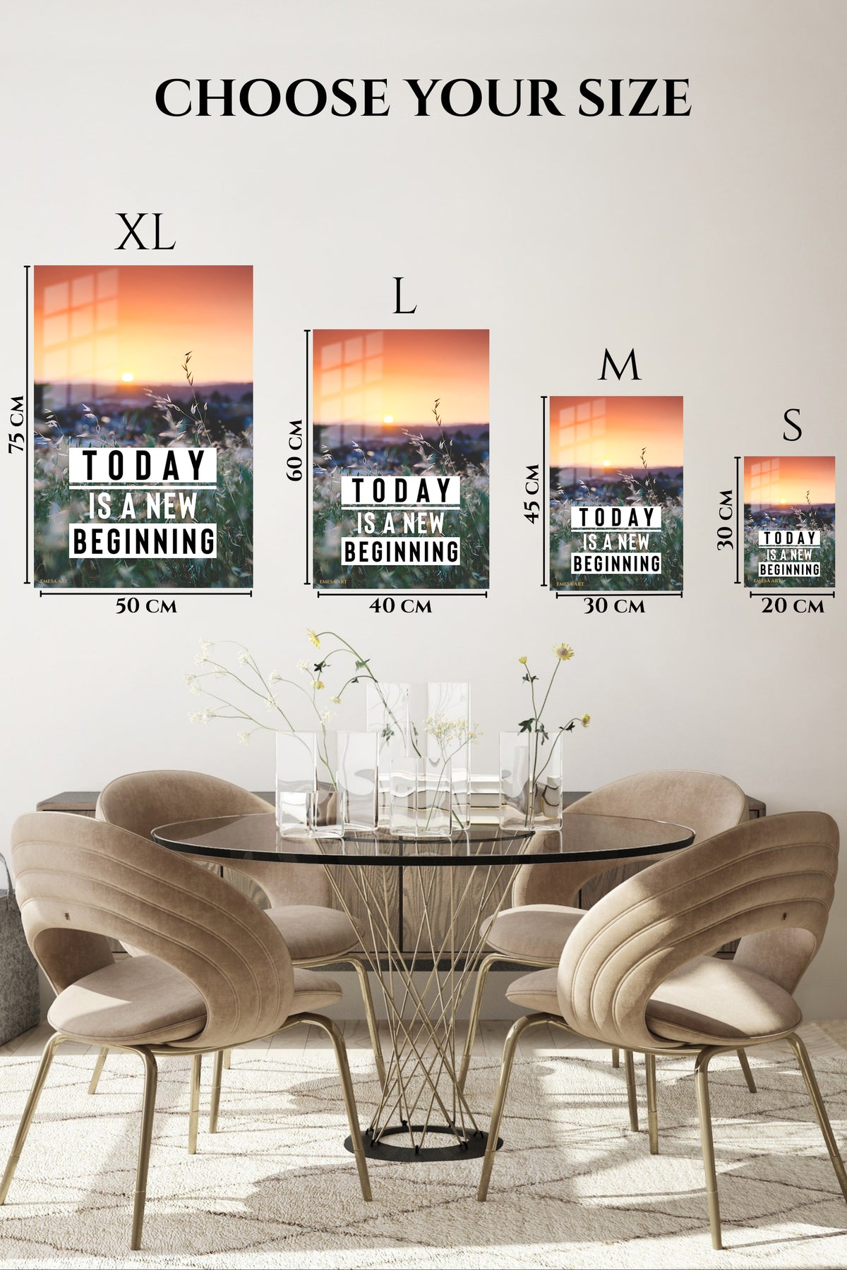 EMESA metal wall art size comparison guide for Today Is a New Beginning Sunrise