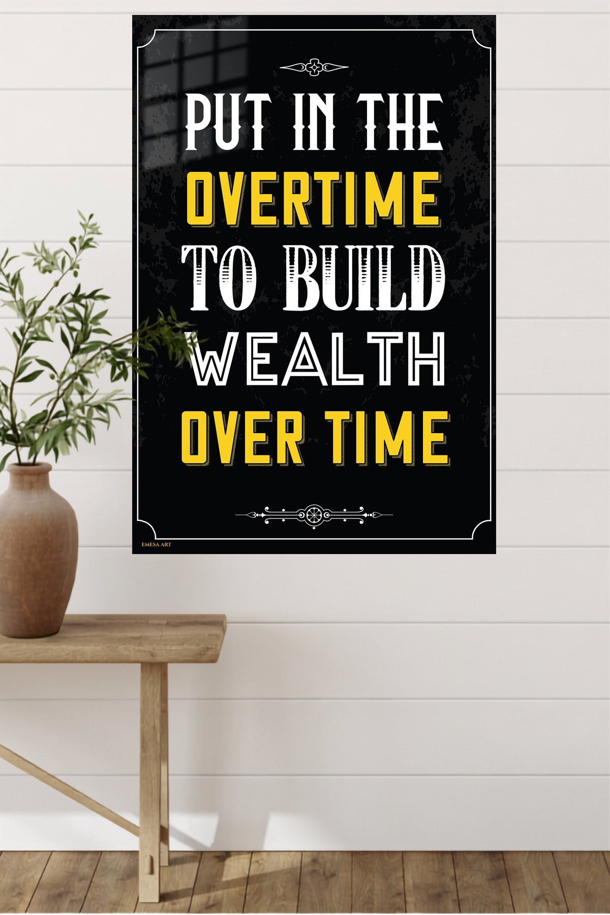 Put In the Overtime metal wall art displayed in a modern interior
