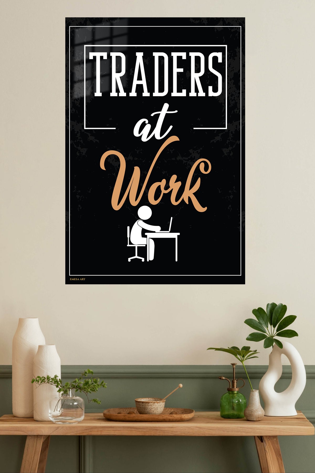 Traders at Work metal wall art displayed in a modern interior