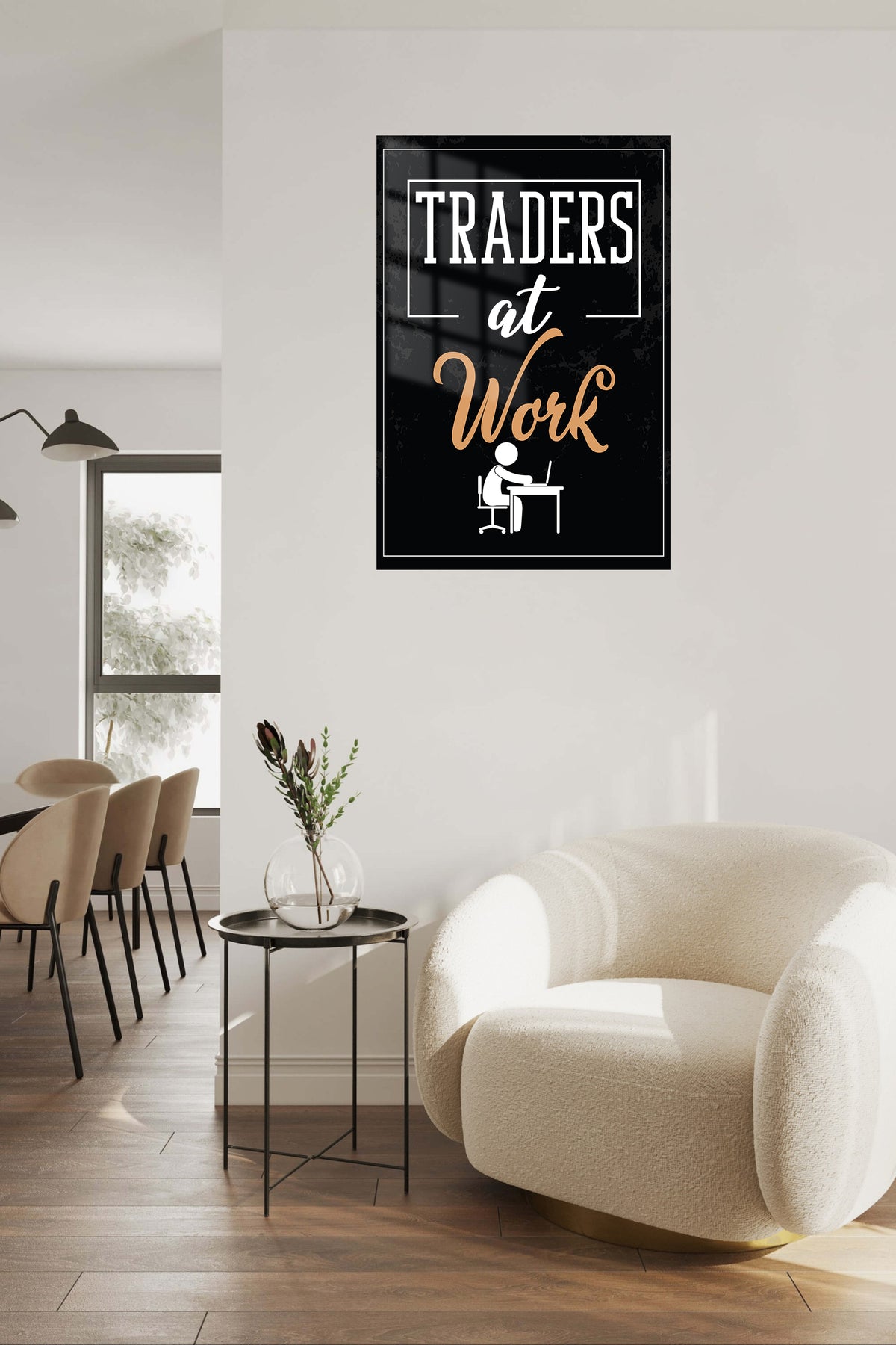 Traders at Work metal wall art displayed in a contemporary living space
