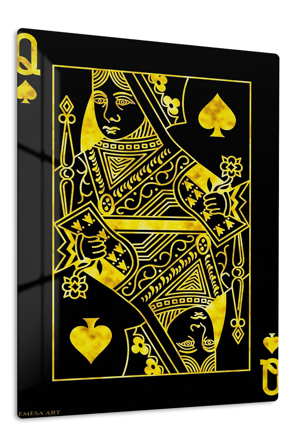 Golden Queen of Spades premium metal wall art – front view