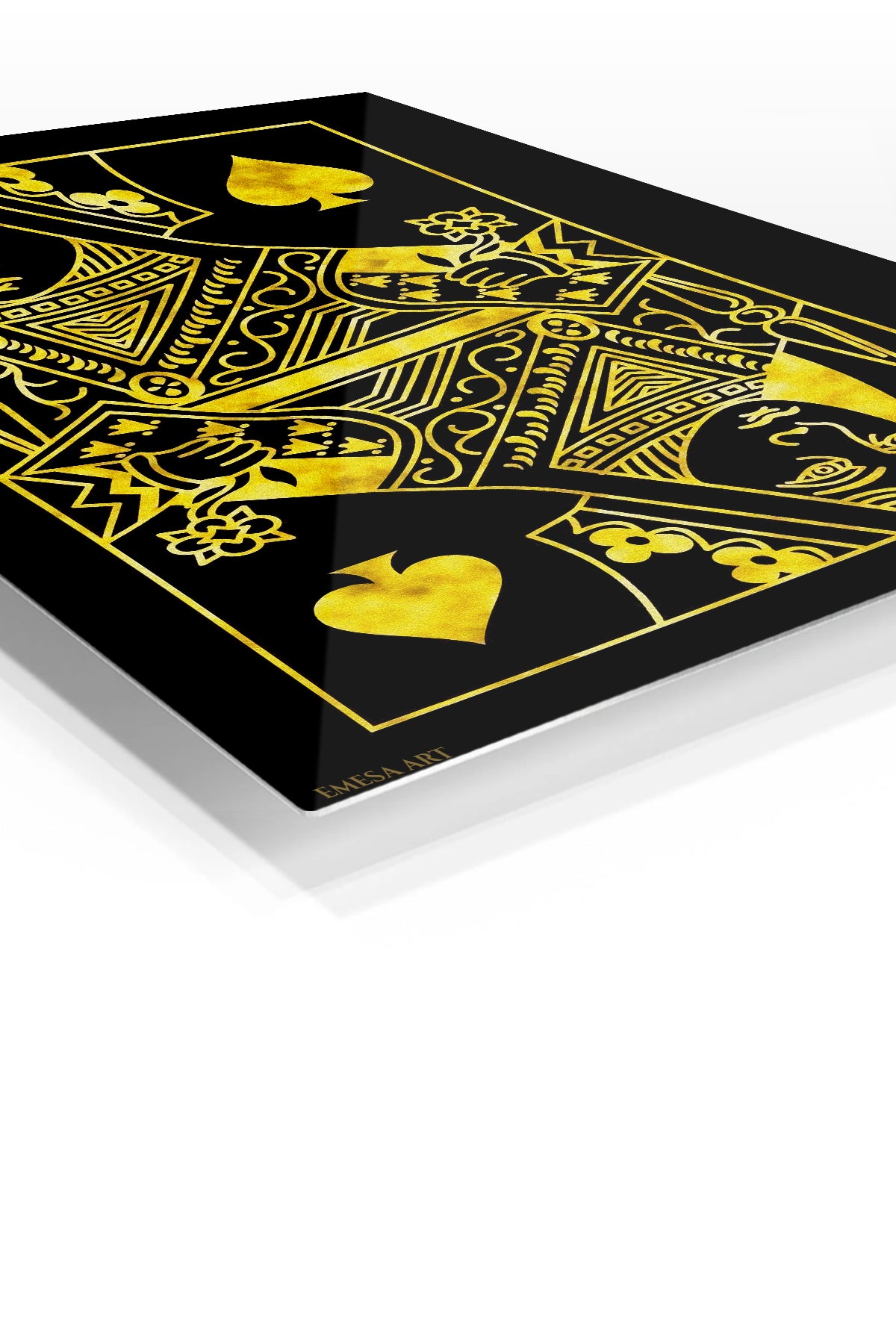 Golden Queen of Spades premium metal wall art – angled view