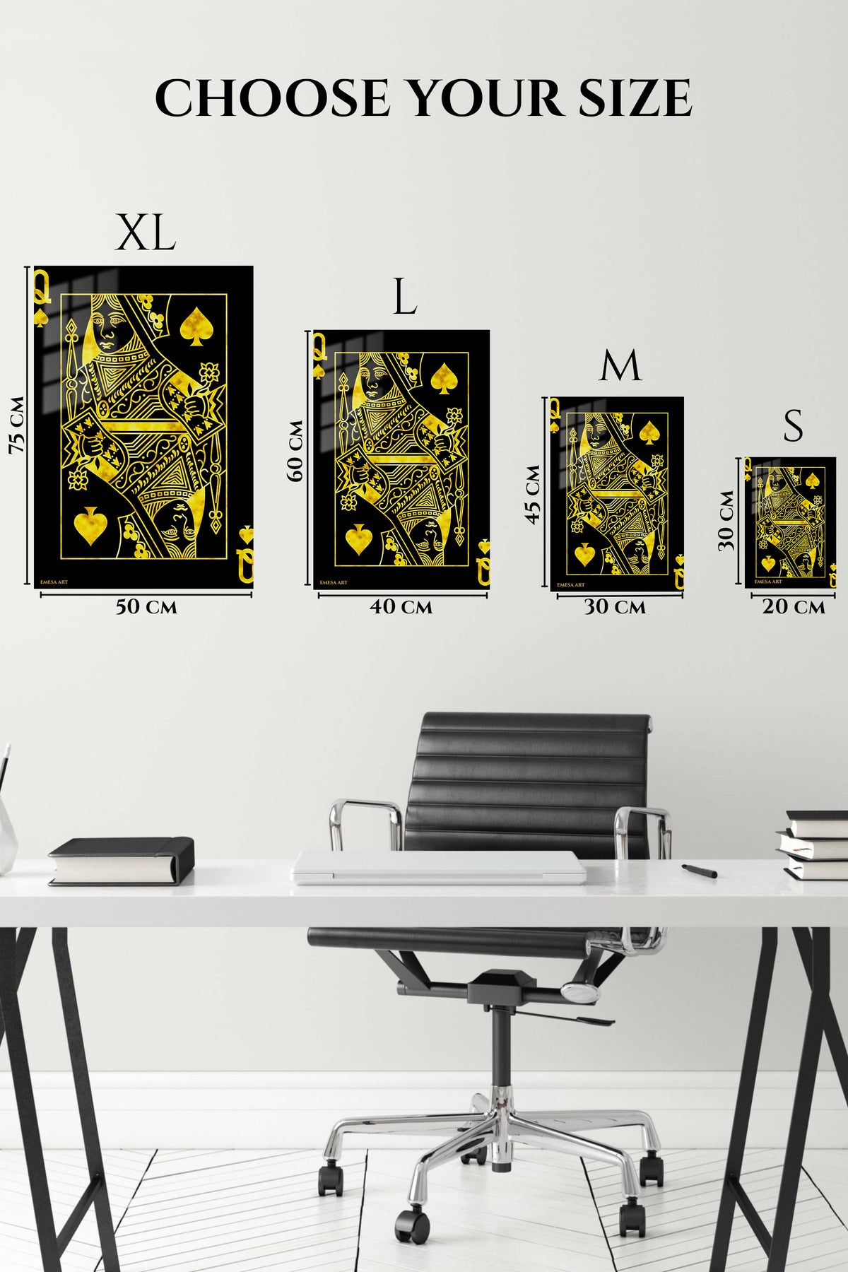 EMESA metal wall art size comparison guide for Golden Queen of Spades