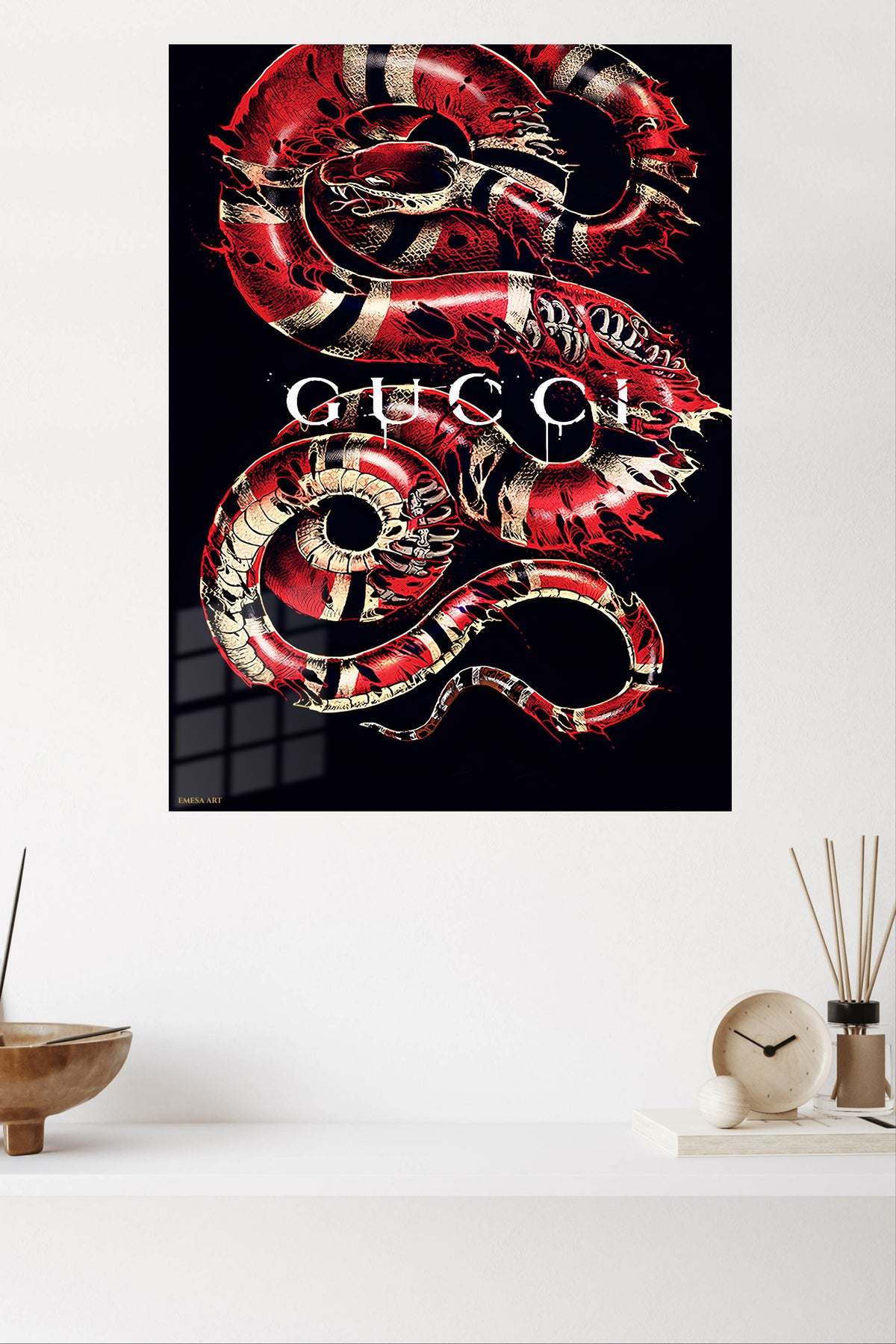 Crimson Serpent Graphic metal wall art displayed in a modern interior