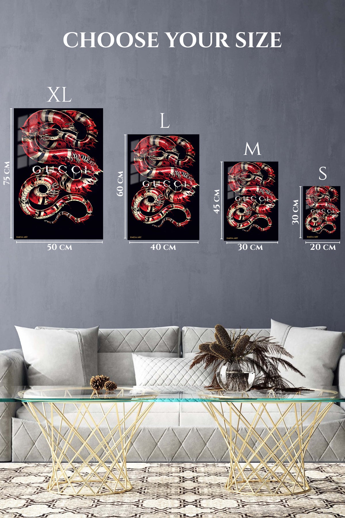 EMESA metal wall art size comparison guide for Crimson Serpent Graphic