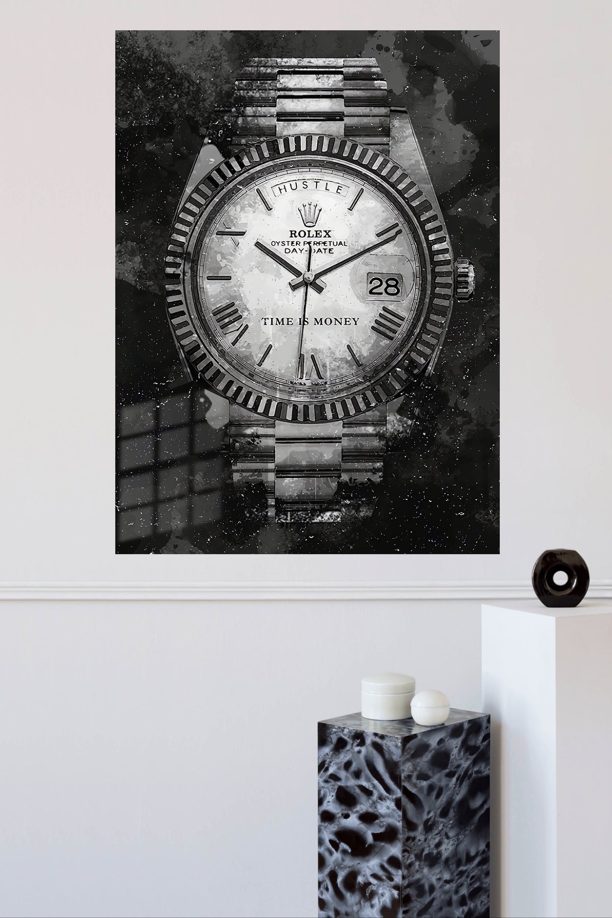 Time Is Money Watch metal wall art displayed in a modern interior