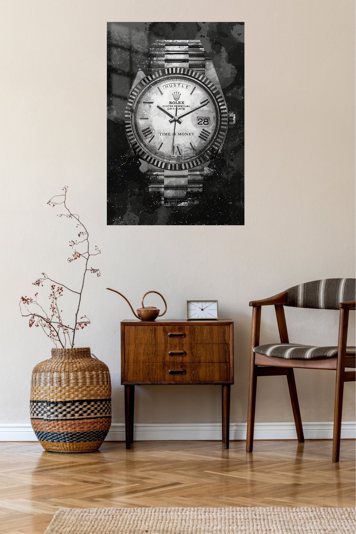 Time Is Money Watch metal wall art displayed in a contemporary living space