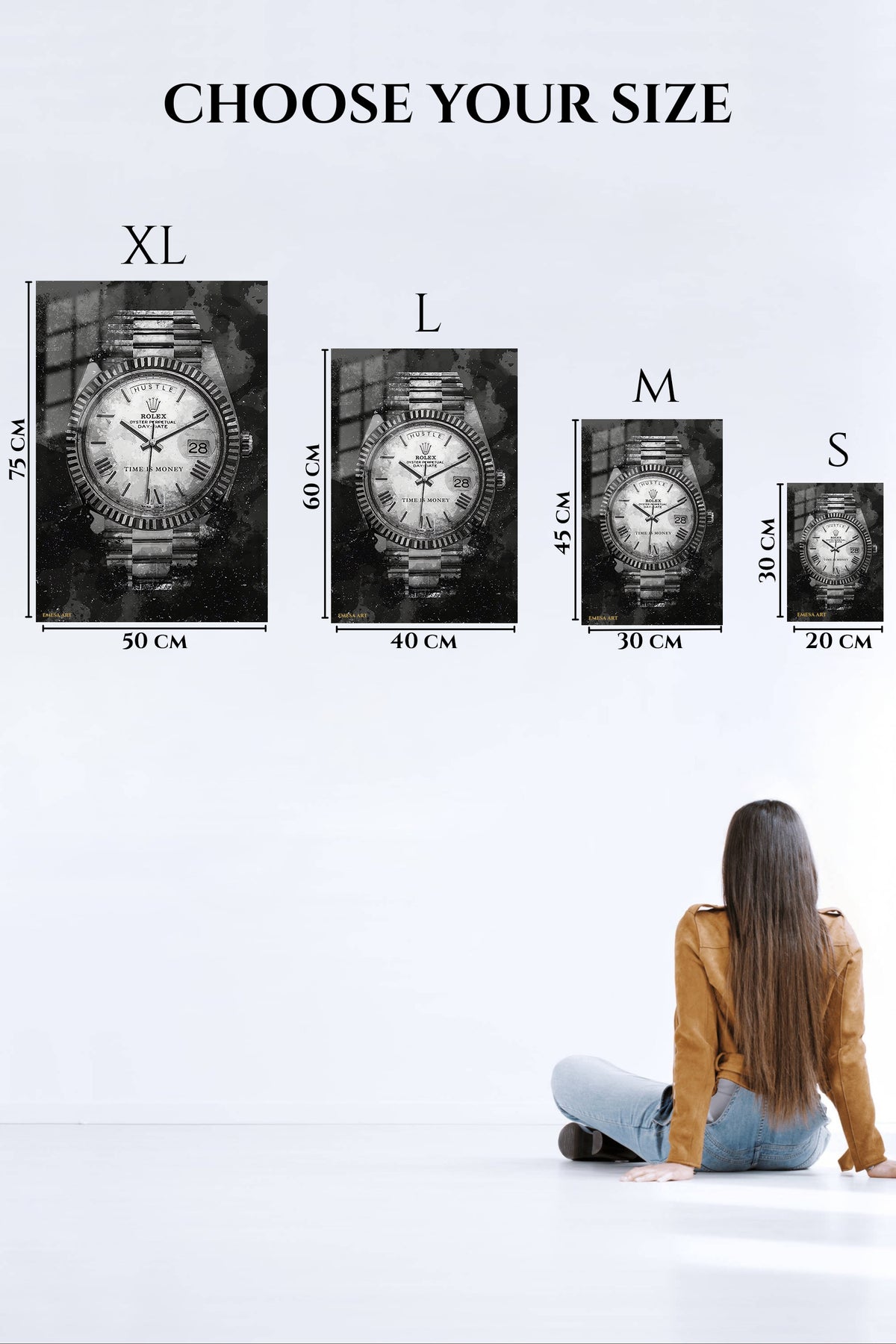 EMESA metal wall art size comparison guide for Time Is Money Watch