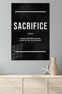 Sacrifice Before Success Typography metal wall art displayed in a modern interior