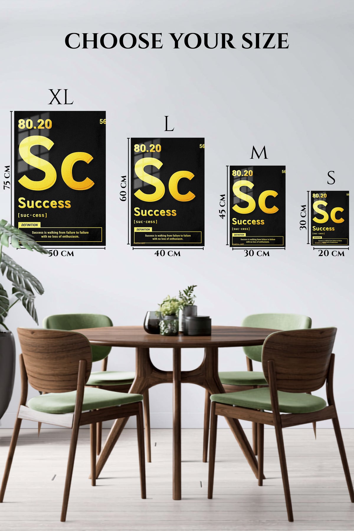 EMESA metal wall art size comparison guide for Success Definition Typography