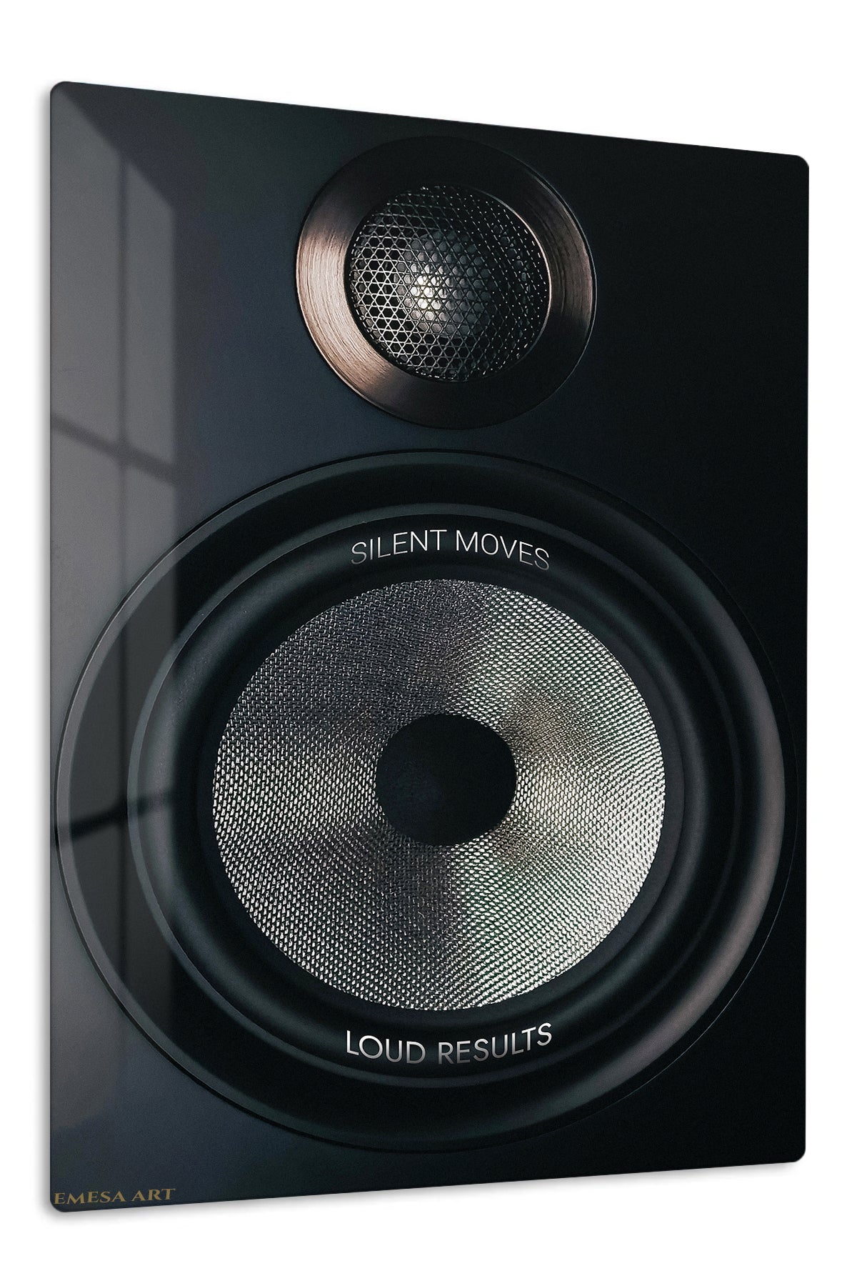 Silent Moves Loud Results Speaker premium metal wall art – front view