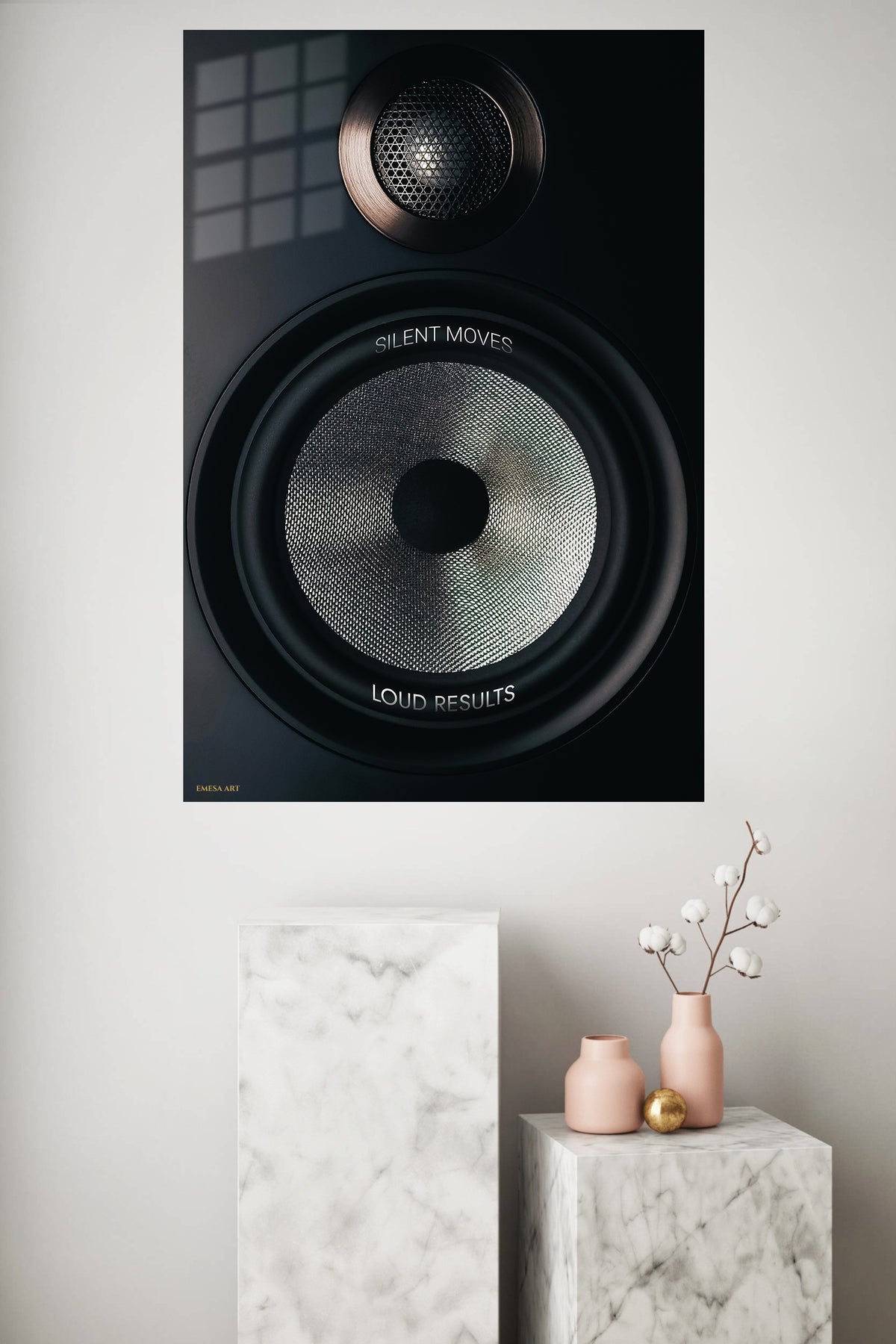 Silent Moves Loud Results Speaker metal wall art displayed in a modern interior