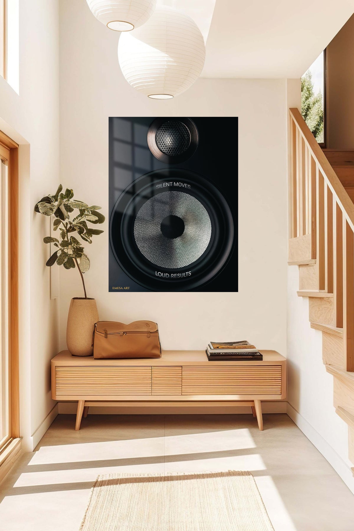 Silent Moves Loud Results Speaker metal wall art displayed in a contemporary living space