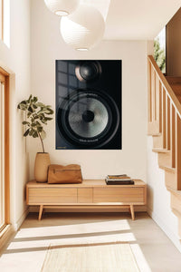 Silent Moves Loud Results Speaker metal wall art displayed in a contemporary living space