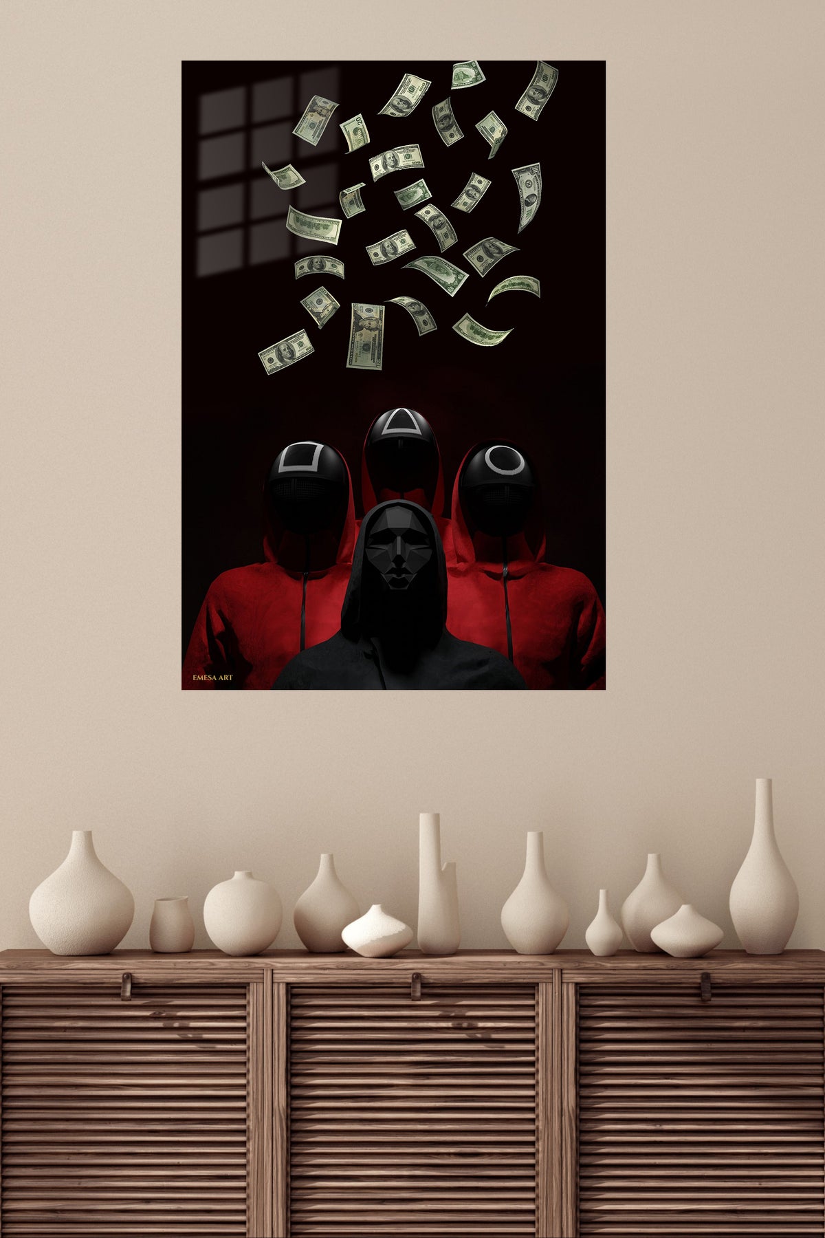 Rain of Banknotes metal wall art displayed in a modern interior