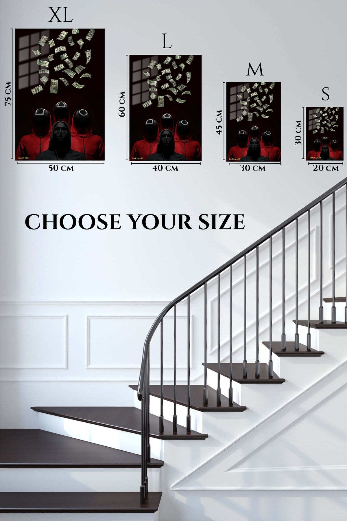 EMESA metal wall art size comparison guide for Rain of Banknotes