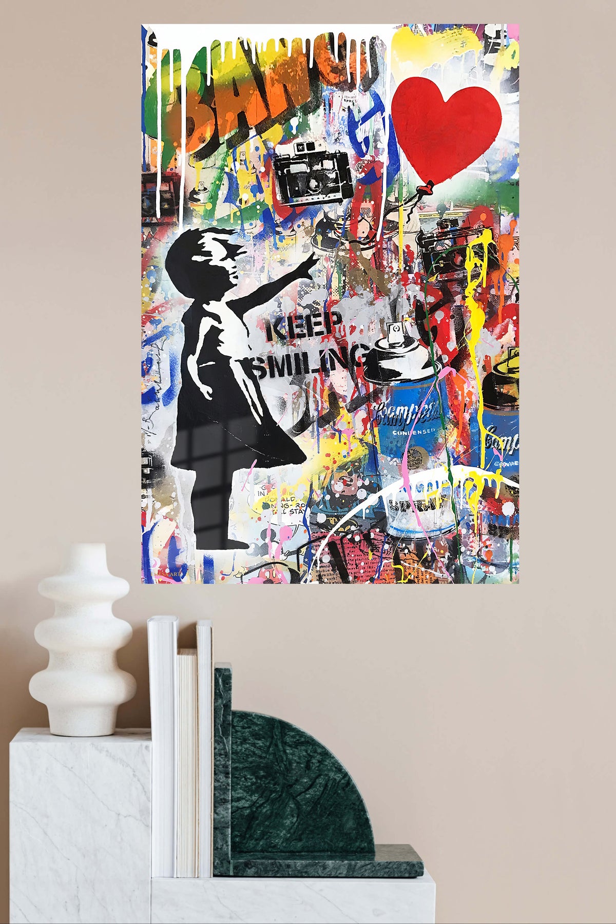 Keep Smiling Street Art Collage metal wall art displayed in a modern interior