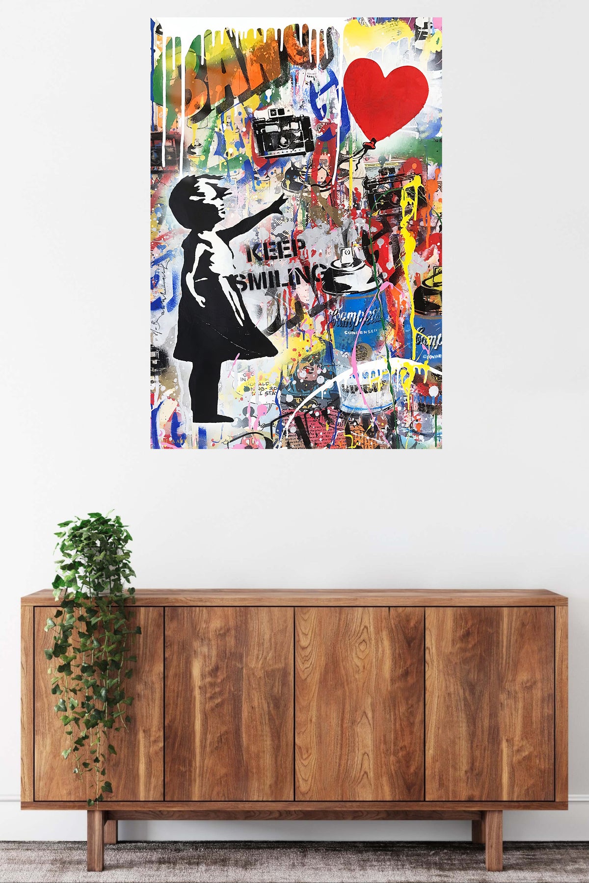 Keep Smiling Street Art Collage metal wall art displayed in a contemporary living space