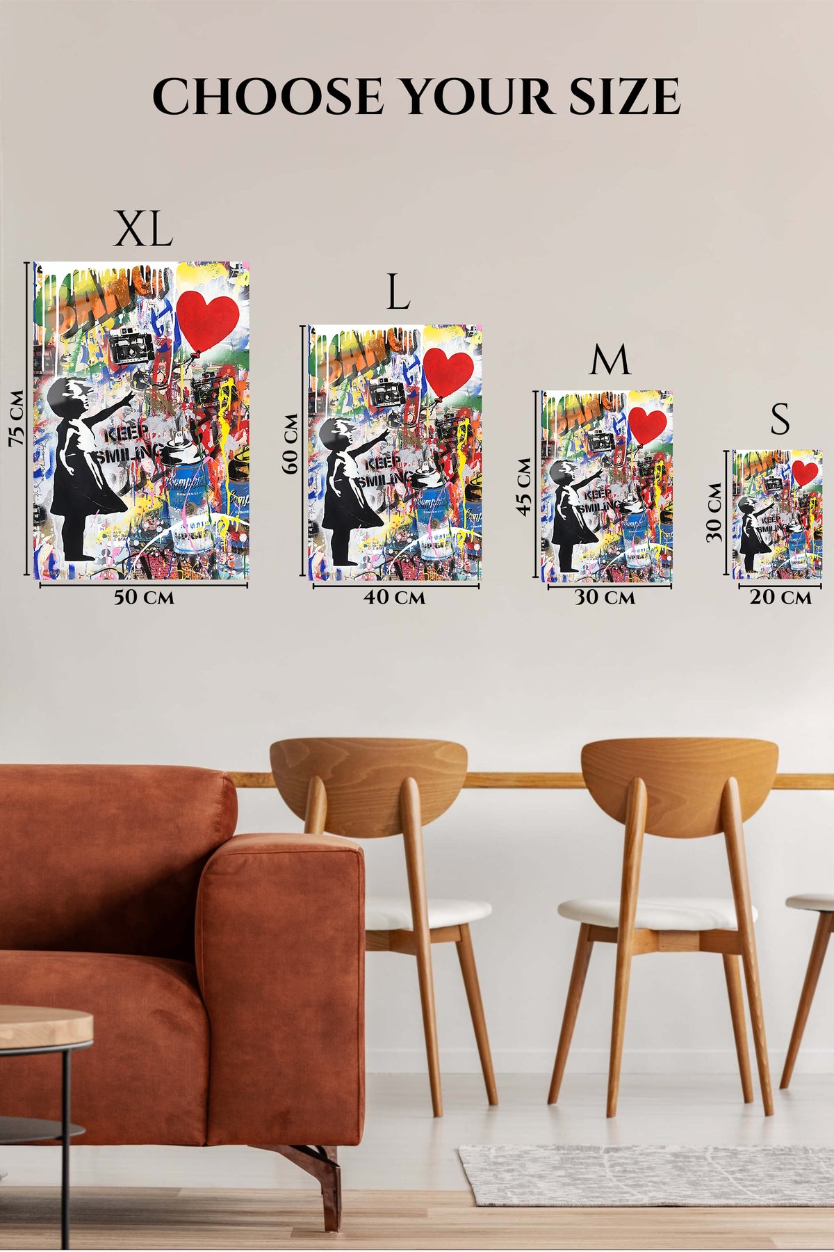 EMESA metal wall art size comparison guide for Keep Smiling Street Art Collage