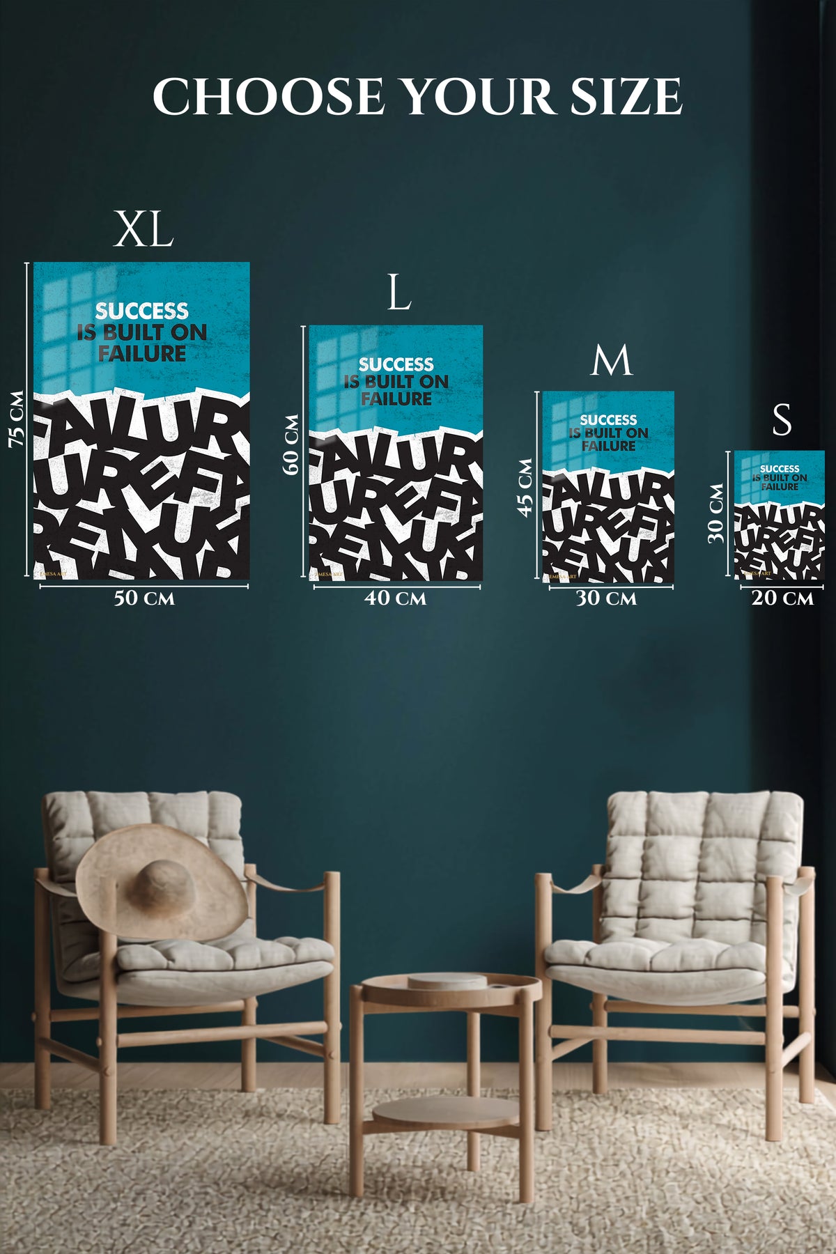 EMESA metal wall art size comparison guide for Success Built on Failure