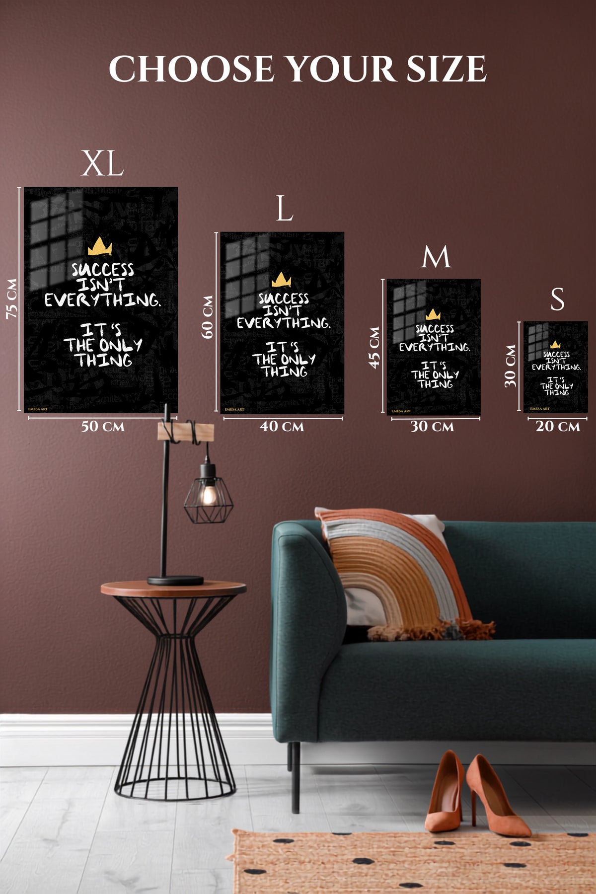 EMESA metal wall art size comparison guide for Success Is the Only Thing