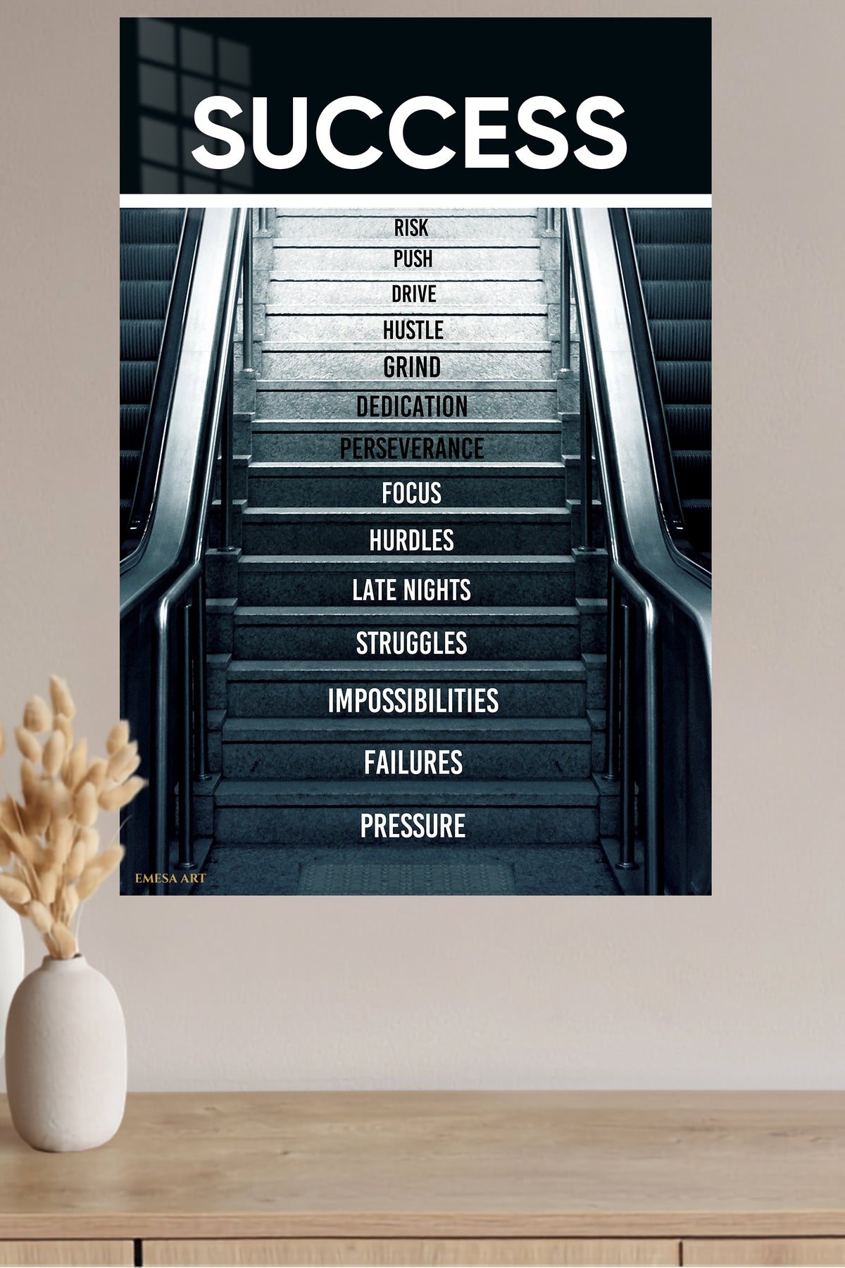 Success Is Built on the Climb metal wall art displayed in a modern interior
